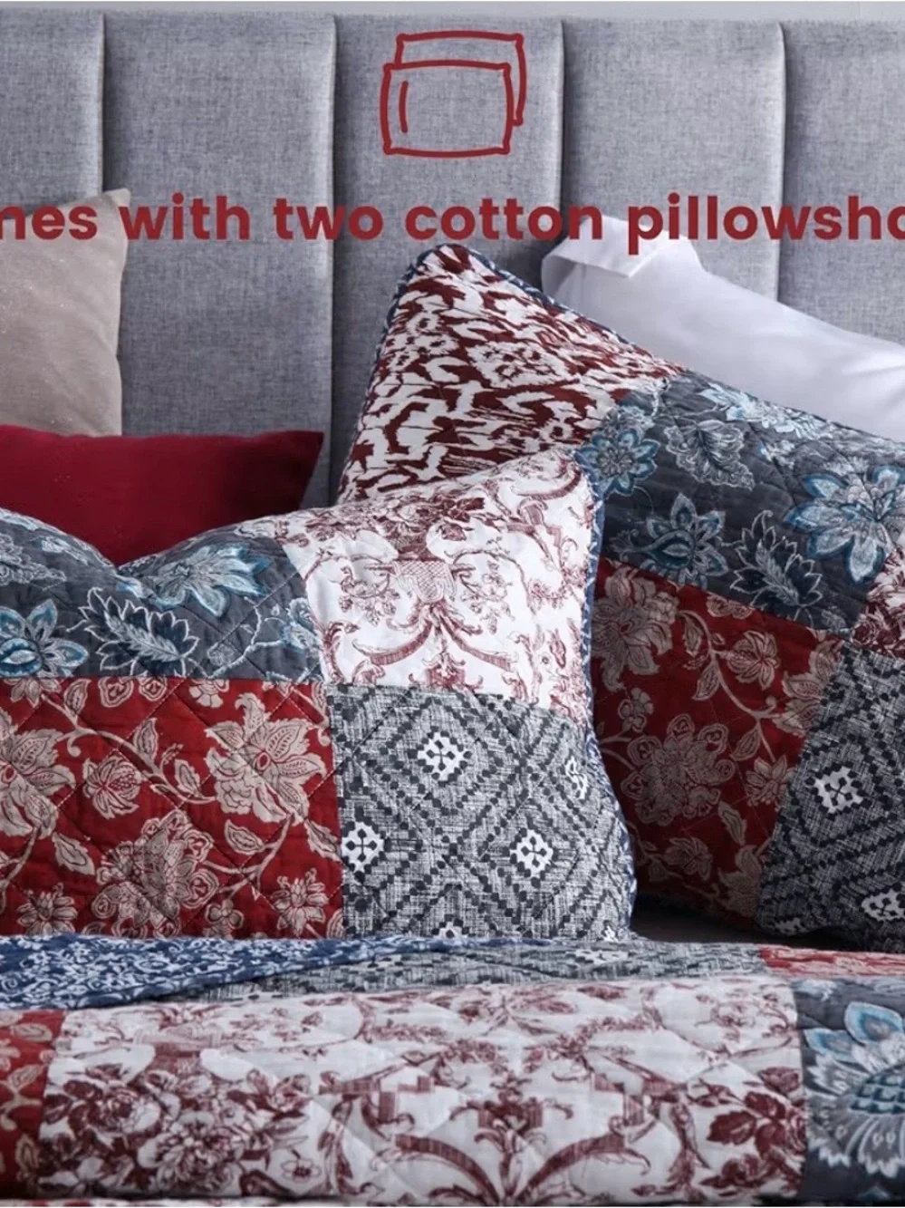 Patchwork Floral & Geometric Quilt Set in Red, Blue and Gray